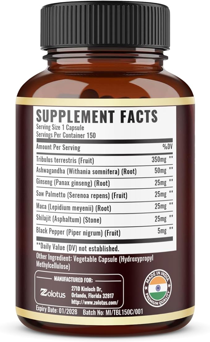 Tribulus Terrestris Supplement for Men &amp Women 5-Month Supply with Ashwagandha Panax Ginseng Saw Palmetto Maca Shilajit 150 Count