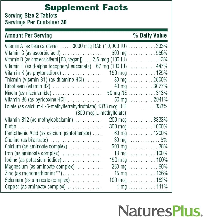 NaturesPlus Source of Life Women - 60 Tablets - Multivitamin &amp Mineral Supplement - with Iron Calcium Folate &amp Lutein - Gluten Free Vegetarian - 30 Servings