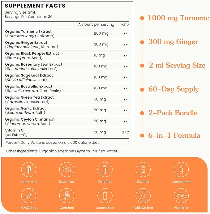 (4 Pack) Organic Turmeric Curcumin Supplement with Black Pepper and Ginger - Liquid Turmeric Extract Drops with Cinnamon Rosemary - Mobility and Flexibility Support and Digestive Health - 1 Fl Oz