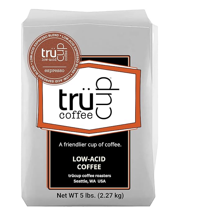 trücup Low Acid Coffee Espresso Coffee Ground - Drip Grind 80 Oz Natural Water&ampSteam Process 60% Less Acid Smooth Flavor Stomach-Friendly Rich in Antioxidants