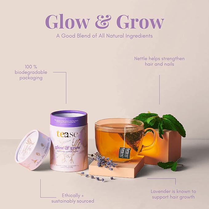 Tease Tea Organic Spearmint Glow &amp Grow Herbal Tea - Beauty Nettle for Hair Growth Caffeine Free for Healthier Hair Nails and Body