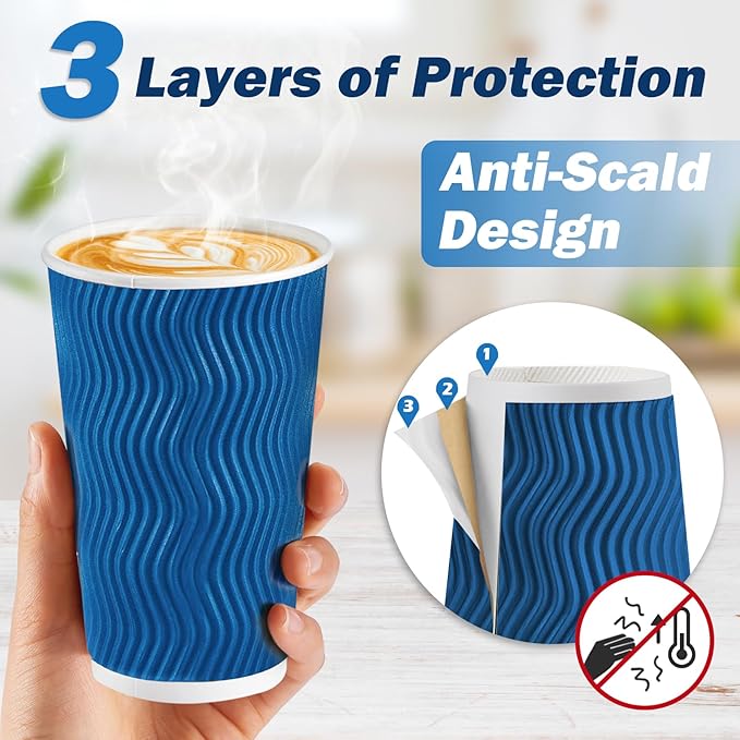 SIUQ 16 oz Coffee Cups-90 Pack Disposable Coffee Cups with Lids and Straws Insulated Ripple Wall To Go Paper Coffee Cup for Coffee Hot Chocolate and Hot Tea Drinks - Navy