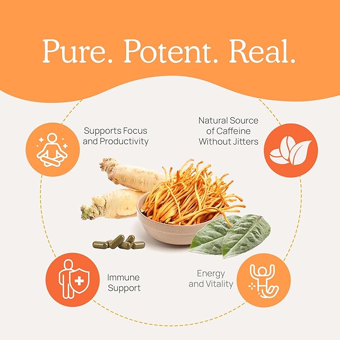 Real Mushrooms RealBoost Capsules – Cordyceps Mushroom Panax Ginseng &amp Guayusa Extract – for Overall Wellness &amp Energy Support – Vegan Non-GMO No Fillers – 60 Count Mushroom Supplement Blen