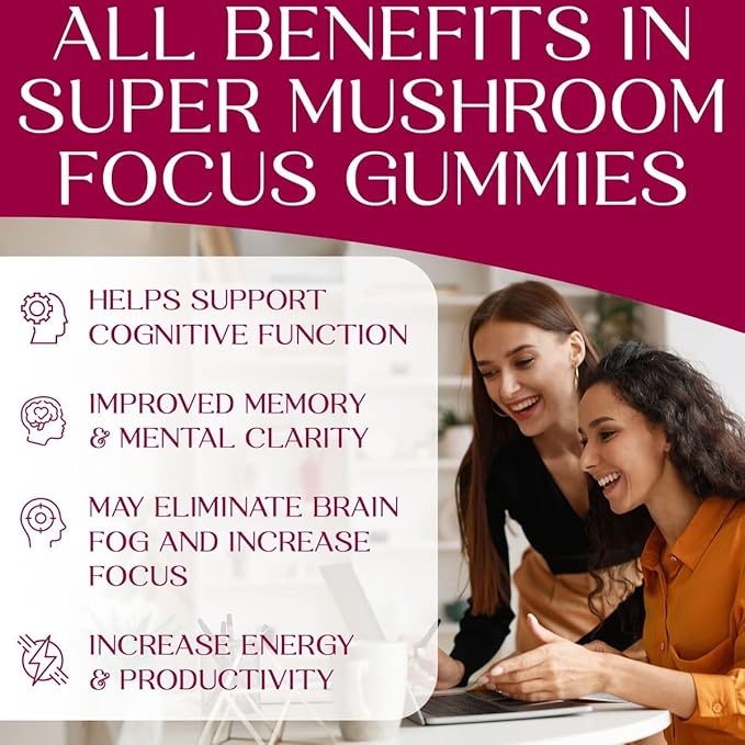 Auri Nutrition Super Mushroom Focus Gummies w/Lion's Mane Alpha GPC &amp Rhodiola – Mushroom Supplement to Support Cognitive Function Mental Clarity Focus &amp Energy 60 Gummies Vegan Friendly