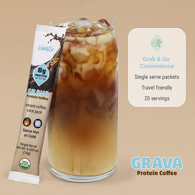 Grava Organic Plant Protein Coffee Sticks Vanilla - 8g Plant Protein 80mg Caffeine - Monk Fruit Sweetener - USDA Organic Non-GMO &amp Fair Trade - Gluten Free &amp Vegan - Single Serve Packet 20