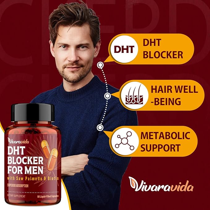 DHT Blocker for Men | Hair Growth Vitamins Supplement with Saw Palmetto &amp Biotin - Hair Regrowth - Natural Hair Loss Supplements Liquid-Filled - Proprietary Herbal Blends (90 Capsules)
