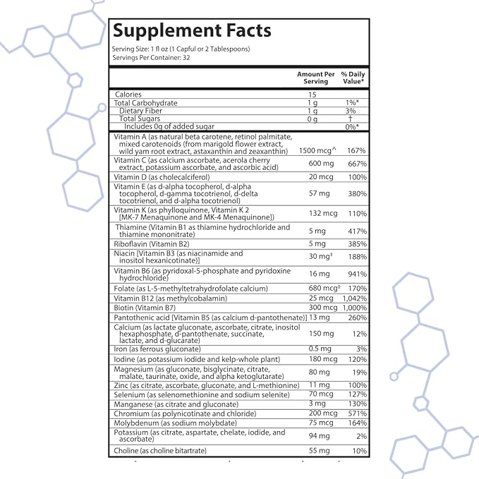 Drucker Labs Organic Sugar-Free All-in-One Performance Liquid Multivitamin for Men &amp Women | Non-GMO Gluten &amp Dairy Free | with Magnesium Zinc Vitamins D C &amp E | 32 oz