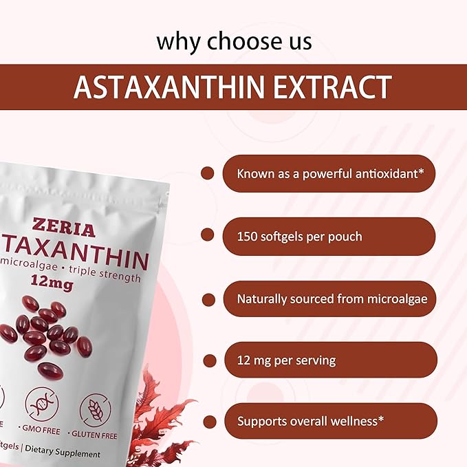 ZERIA Astaxanthin 12mg 150 Softgels - Natural Microalgae Antioxidant for Eye Skin &amp Immune Support 4-Month Supply