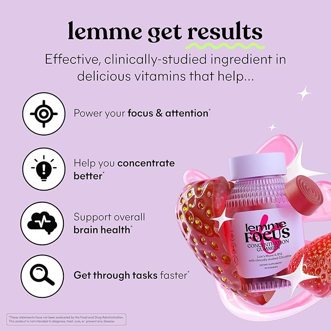 Lemme Focus Concentration &amp Brain Health Gummies with Cognizin Citicoline Lion's Mane Mushroom Vitamin B12 to Support Focus + Concentration - Gluten Free Caffeine Free Strawberry (50 Count)