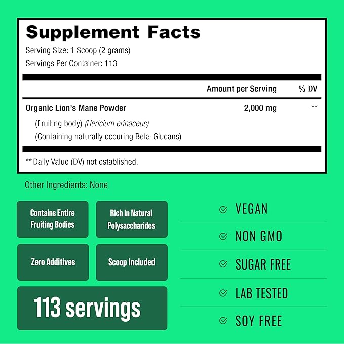 NutraChamps Organic Lions Mane Powder - 2000mg Powerful Nootropic for Memory Focus Immune Support - Vegan Lion’s Mane Mushroom Powder Supplement with Naturally Occurring Beta-Glucans - 8oz