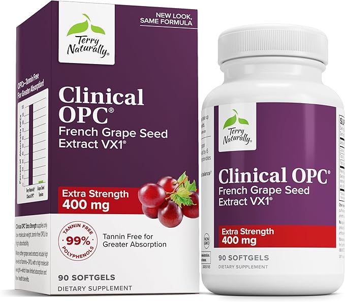 Terry Naturally Clinical OPC Extra Strength - Healthy Heart &amp Artery Support - Aids Brain Health &amp Function for Focus and Concentration - Offers Antioxidant Activity - 400 mg 90 Softgels