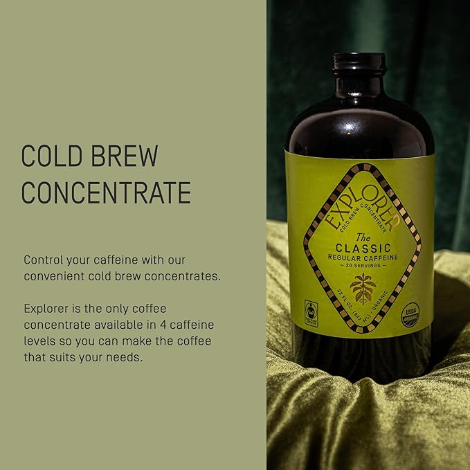 Explorer Cold Brew Organic Liquid Coffee Concentrate Classic Regular Caffeine Drink Iced or Hot 32 fl oz Makes 20+ Cups