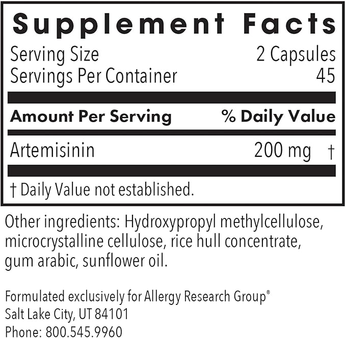 ARG Artemisinin - Delivers 200 mg Concentrated Sweet Wormwood Extract per Serving - Supports Immune and Digestive Health - Hypoallergenic &amp Vegetarian - 45 Servings - 90 Capsules