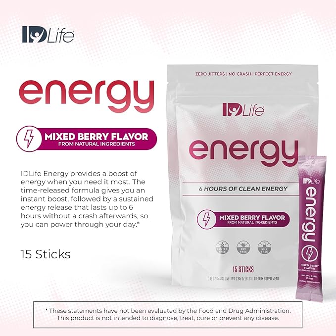 IDLife Energy - Mixed Berry - Sustained Power Boost with Powder Healthy Drink for Work Gym &amp Daily Use 6 Hours of Boost - 15 Sticks per Bag