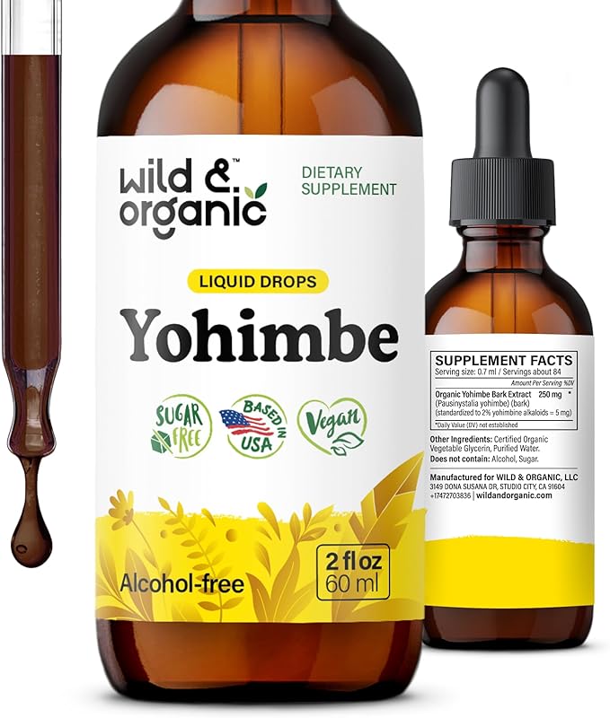 Wild &amp Organic Yohimbe Supplements for Men &amp Women - 5 mg Yohimbine Liquid Extract Drops - Pausinystalia Yohimbe Bark Tincture - Vegan Alcohol-Free - 2 fl oz