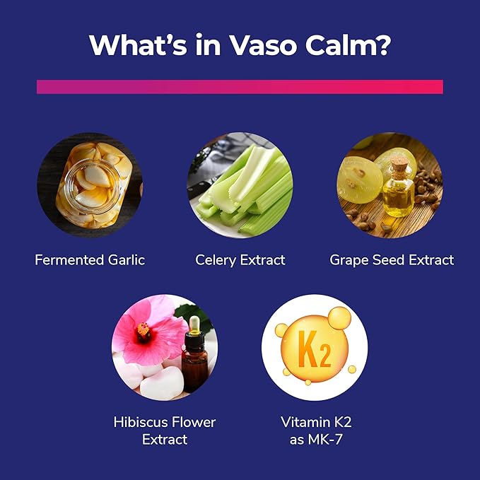 Vaso Calm - Healthy Blood Balance Supplement - Features Fermented Garlic Celery and Grape Seed Extract Hibiscus and Vitamin K2 - Made in The USA 180 Capsules