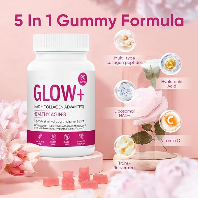 Jovi Glow+ NAD+ &amp Collagen Gummies Multi-Type Hydrolyzed Collagen Peptides Resveratrol Hyaluronicacid Vitaminc Supplement for Skin Hair Nails 90 Count (1 A)