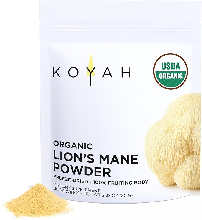 KOYAH - Organic Lion's Mane Mushroom Powder - 80 Servings - We Strive to Make The Least Processed Lion's Mane Powder On Earth. 100% Fruiting Body USA Freeze-Dried 3rd Party Tested for Beta-Glucans