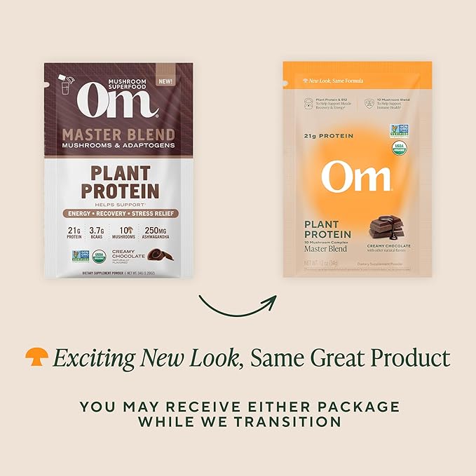 OM MUSHROOM SUPERFOOD Master Blend Vegan Protein – Organic Chocolate Plant Protein with 10 Mushrooms Ashwagandha BCAAs &amp B12 – Energy Recovery &amp Immune Support – 10 Single Serves