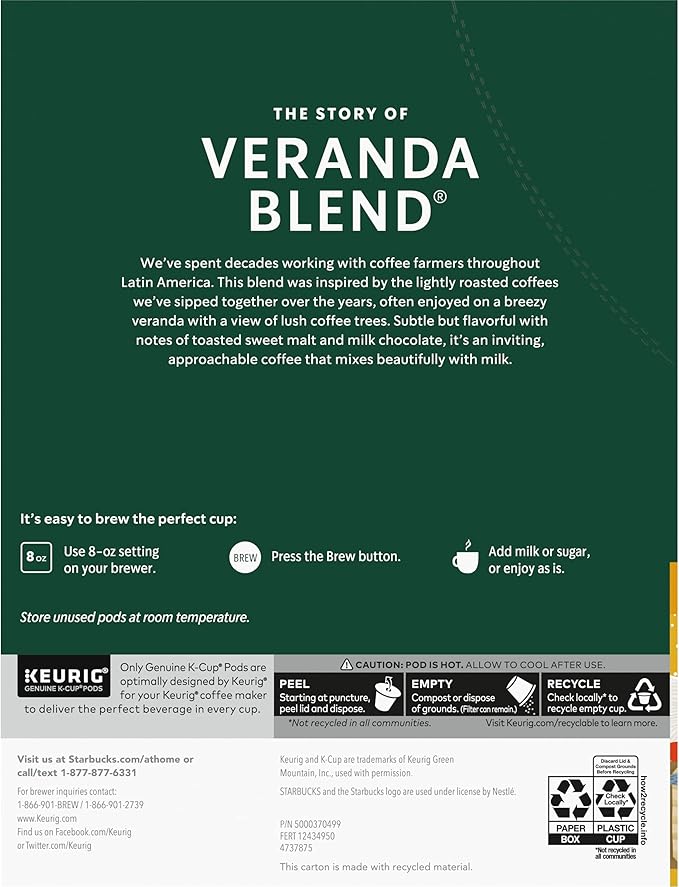 Starbucks Coffee K-Cup Pods Veranda Blend Blonde Roast Coffee Notes of Toasted Malt &amp Milk Chocolate Keurig Genuine K-Cup Pods 24 CT K-Cups/Box (Pack of 3 Boxes)