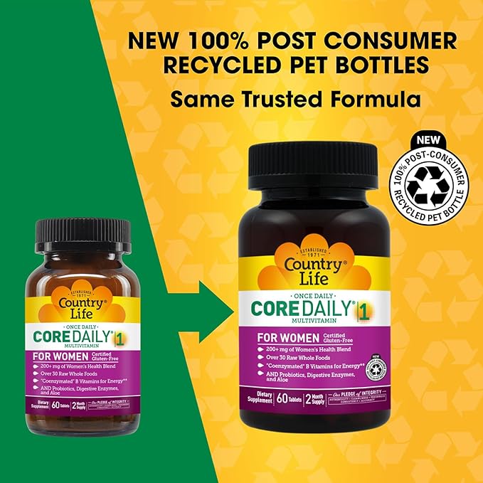 Country Life Women’s Core 1 Daily Multivitamin with Iron Cranberry Probiotics and Digestive Enzymes-Certified Gluten-Free Formula for Energy Immune Support and Complete Digestive Health60 Tablets