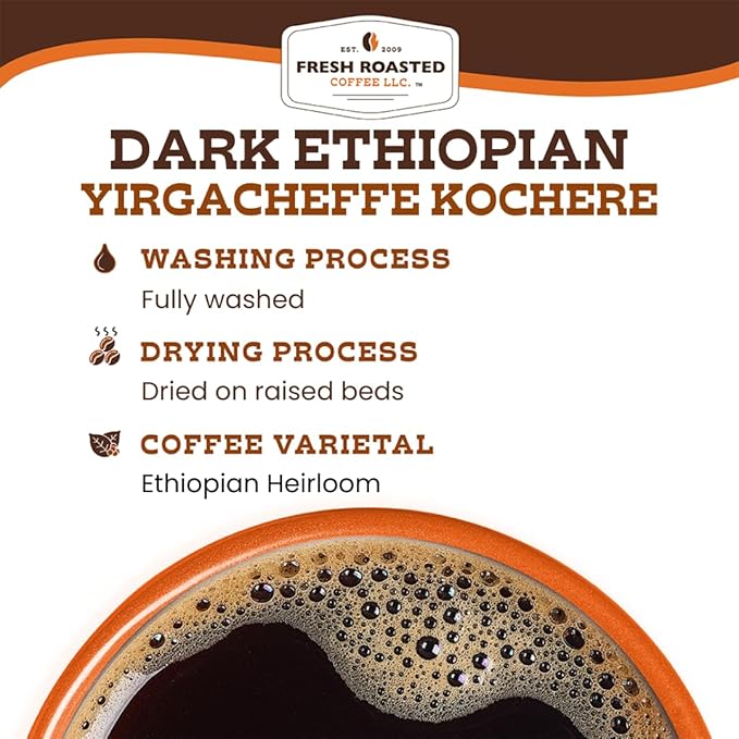 Fresh Roasted Coffee Dark Ethiopian Yirgacheffe Kochere 2 lb (32 oz) Dark Roast Kosher Whole Bean