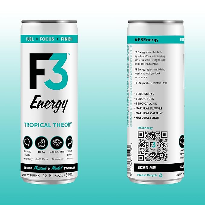 F3 Energy Tropical Theory Energy Drink - Muscle Building Sports Drinks w/BCAA Panax Ginseng &amp Ginkgo Biloba - Natural Energy Drinks for Mental Focus &amp Muscle Recovery 125 mg Caffeine (12 pac