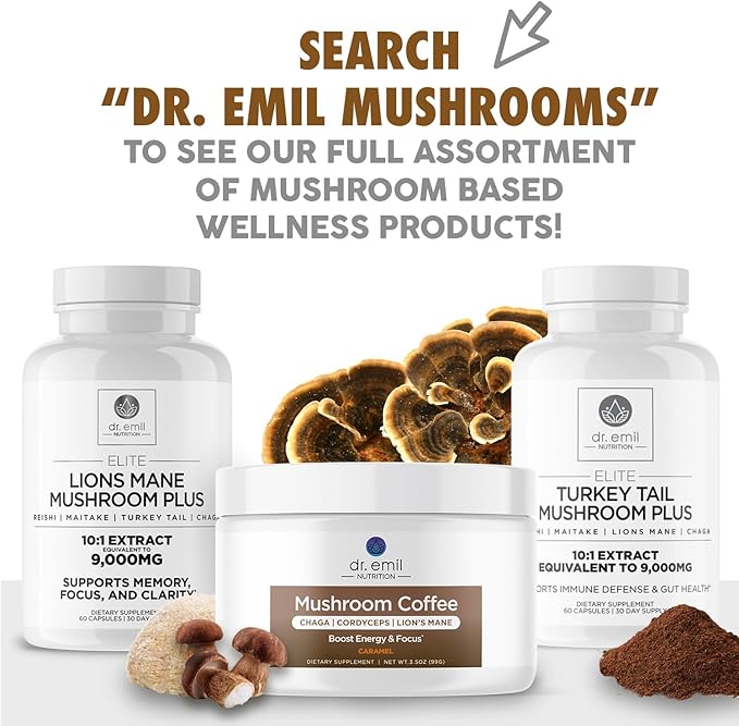 DR. EMIL NUTRITION Turkey Tail Mushroom Capsules - Turkey Tail Mushroom Supplement for Immunity &amp Gut Health - Elite Formula with Lion's Mane Chaga Reishi &amp Maitake