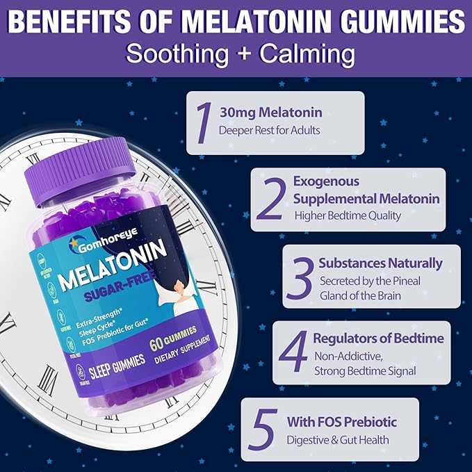 Melatonin Gummies 30mg for Adults - Maximum Strength Melatonin Gummies for Relaxation &amp Soothing Exogenous Melatonin Supplement with FOS for Immune Gut Health and pH Balance Sugar Free -120 Cou