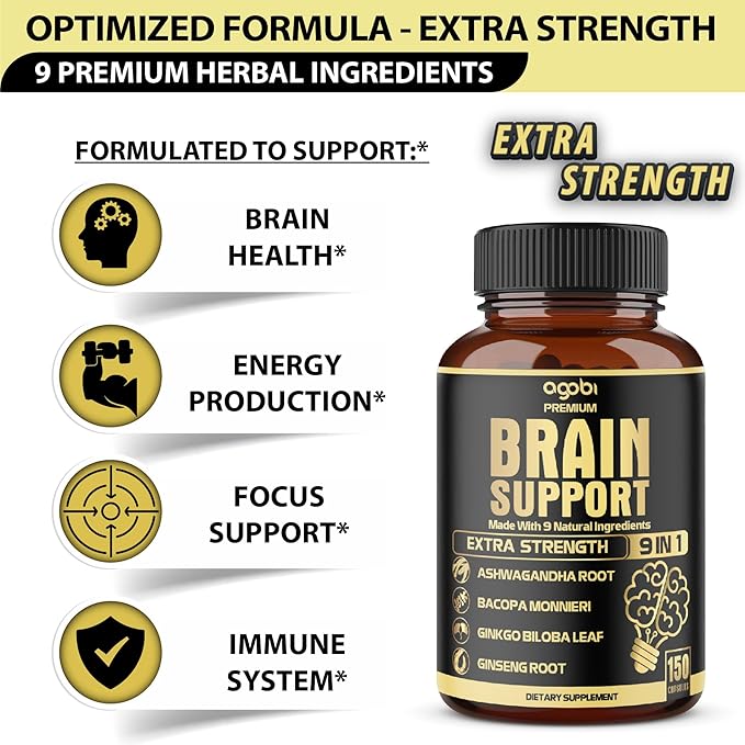 agobi 9in1 Brain Support Supplement - Blended with Ashwagandha Panax Ginseng Gotu Kola Ginkgo Biloba Black Pepper &amp More - Accuracy Focus Memory &amp Energy Booster - 150 Capsules for 5 Mon