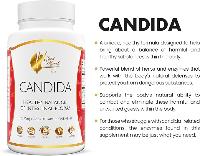 Cocó March N.M.D Candida Cleanse – 30 Day Herbal Detox Cleansing with Digestive Enzymes for Gut Health &amp Immune Support – Gluten Free Vegan Non-GMO Dairy Free Soy Free – 120 Veggie Caps