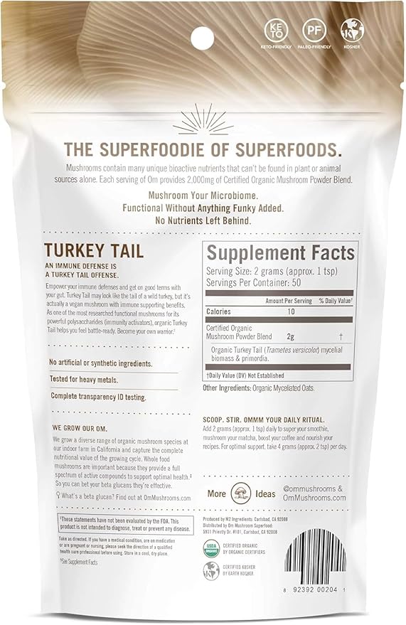 Om Mushroom Superfood Turkey Tail Organic Mushroom Powder 3.5 Ounce 50 Servings Immune Support Polysacchrides Beta-Glucans Gut Health &amp Holistic Defense Mushroom Supplement