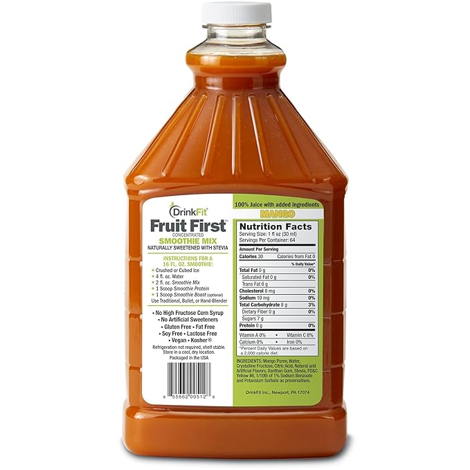 DrinkFit Fruit Smoothie | Real Fruit Puree Low Sugar Gluten:Free &amp Non:GMO Mango Smoothie Mix : Makes 32 Smoothies 64 Fl Oz (Mango)
