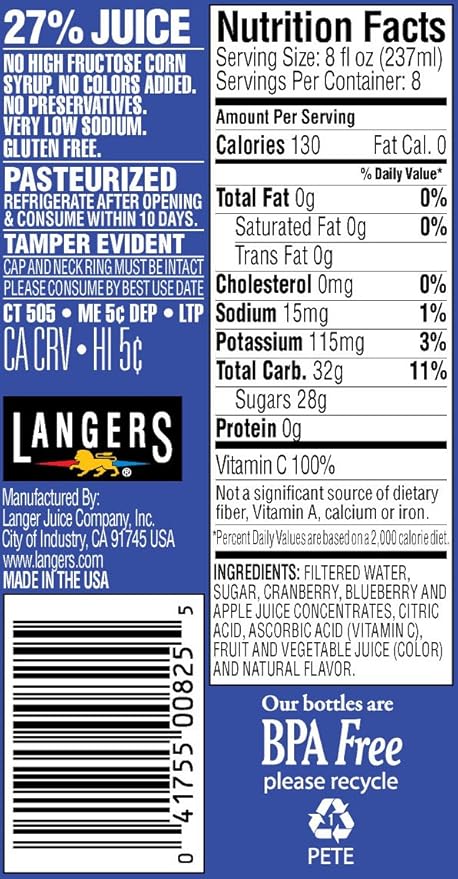 Langers Juice Cocktail Blueberry Cranberry 64 Fl Oz (Pack of 8)