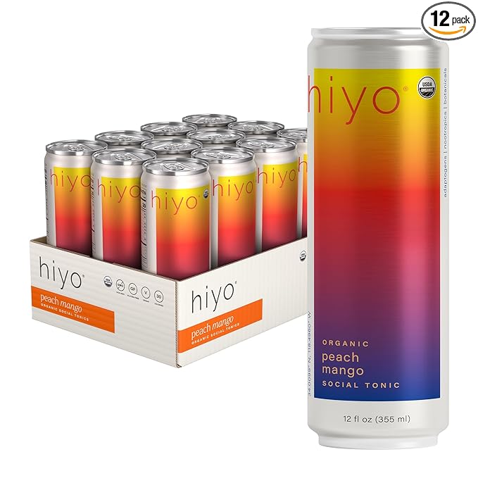 Hiyo Organic Social Tonic - Peach Mango 12 Pack - N.A. Functional Seltzer Sparkling Water Crafted with Organic Adaptogens Nootropics &amp Botanicals