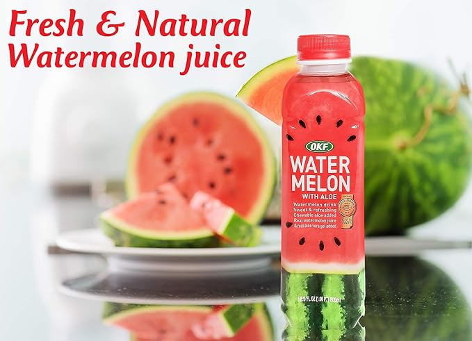 OKF Watermelon with Aloe Vera Drink Sweet and Refreshing W/Chewable Aloe added. Real Watermelon Juice and Real Aloe Vera Gel Added 16.9 Fluid Ounce (Pack OF 10)
