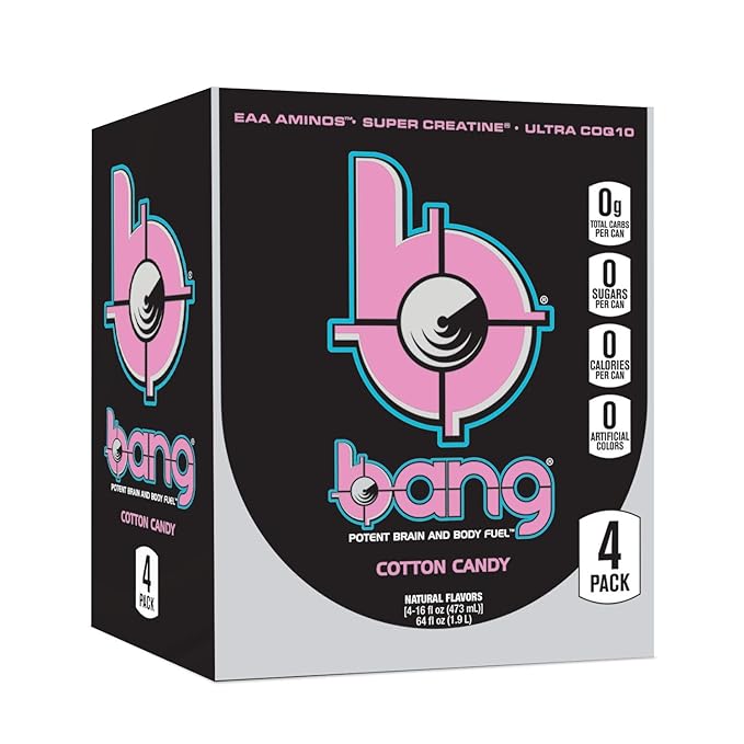 Bang Cotton Candy Energy Drink 0 Calories Sugar Free with Super Creatine 16oz 4 Count