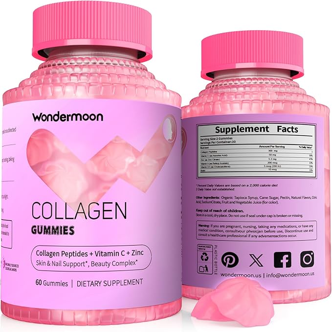 Wondermoon Women’s Collagen Gummies with Vitamin C Biotin &amp Zinc – Daily Nutritional Support – Hydrolyzed Collagen Peptides Peach Flavor Plant-Based 60 Gummies