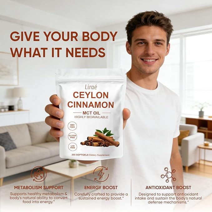 LIRAE Ceylon Cinnamon Soft Gels - 300 Softgels with Mct Oil Extra Strength Cinnamon Supplements Antioxidant Support Non-GMO Gluten Free (1)