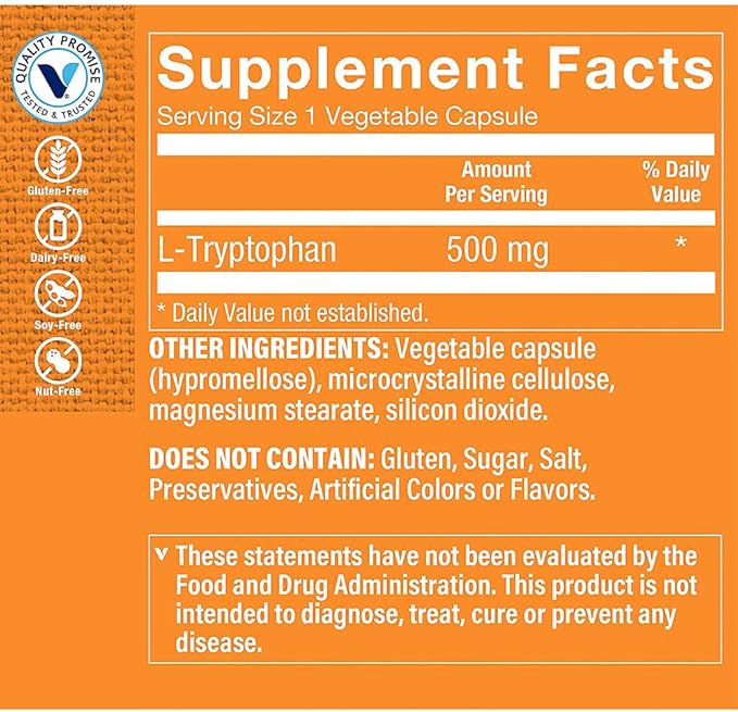 The Vitamin Shoppe L-Tryptophan 500mg - Sleep Quality &amp Mood Support | Essential Amino Acid | 120 Veggie Capsules | Non-GMO Vegan
