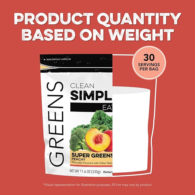 Clean Simple Eats Super Greens Powder Naturally Flavored Greens Powder with Chlorella Spirulina Superfoods &amp Prebiotic Fiber No Artificial Ingredients Gluten Free Peachy Greens Flavor 30 Sr