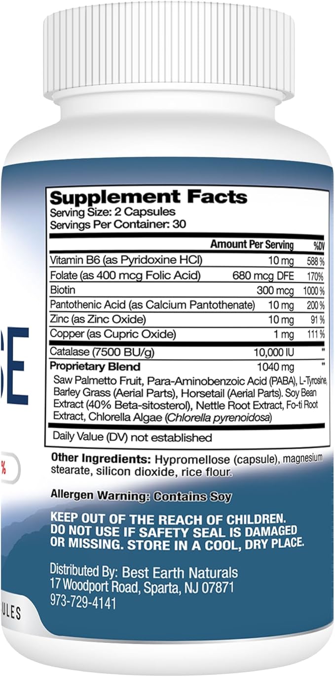 Best Earth Naturals Catalase Supplement 10000 with Saw Palmetto Biotin Fo-Ti PABA - Hair Supplements for Strong Hair - 60 Capsules