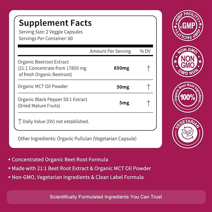 Organic Beet Root Capsules with Beetroot Extract 17850mg 21:1 Concentrated Beetroot Supplement Supports Circulation and Nitric Oxide from Beet Root Powder Extract 120 Count