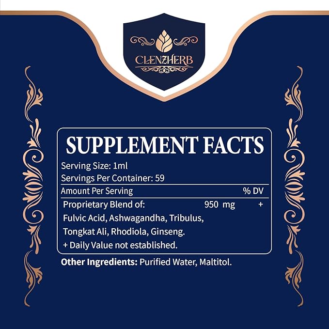 CLENZHERB Fulvic Acid Liquid for Energy &amp Stamina Support Blend with Herbal Extract Ashwagandha Tribulus Tongkat Ali Support Immune &amp Digestive System | Non-GMO &amp Gluten Free | 2 fl oz