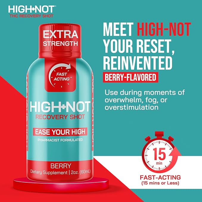 HIGH NOT Berry Flavored Recovery Shot – Rapid Relief for Intense THC̈̈ Effects – Fast-Acting Plant-Based Energy Shot – Vegan Brain Booster &amp Morning Recovery Drink