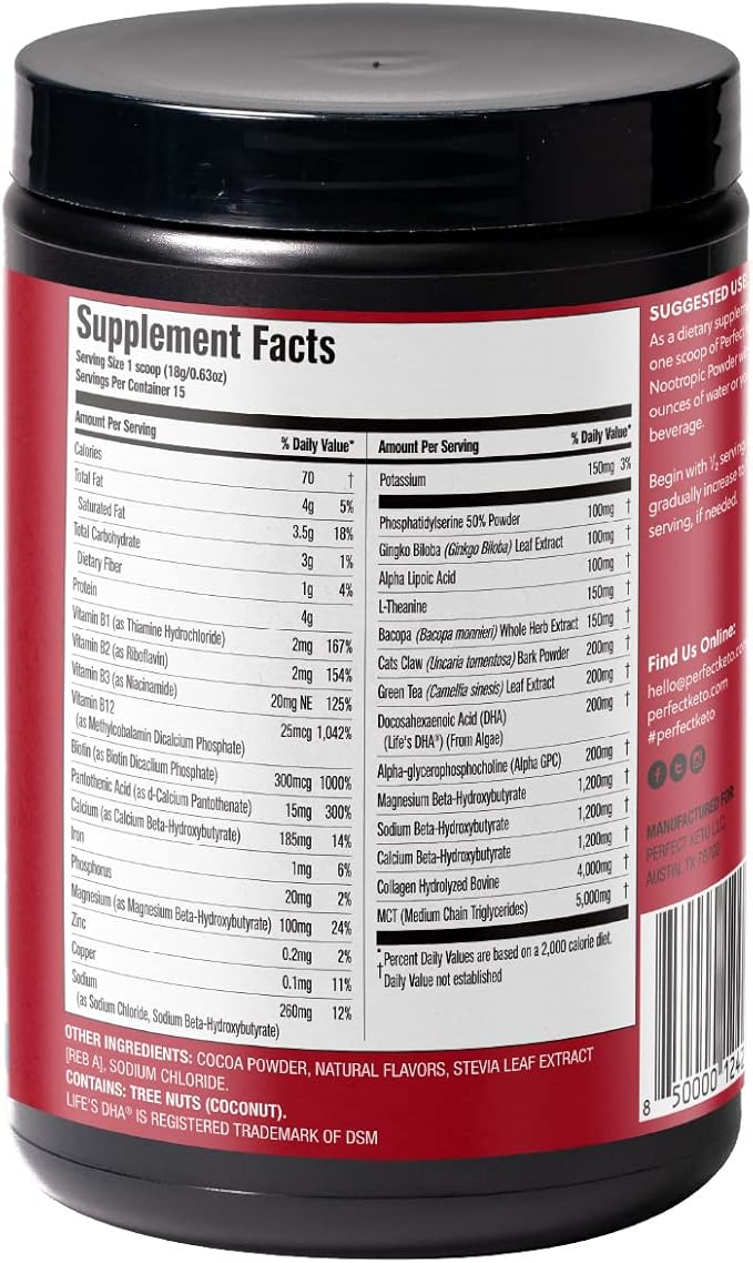 Perfect Keto Nootropic Brain Support Caffeine Free Focus and Energy Supplement with Alpha Lipoic Acid L Theanine Ginkgo Biloba Alpha GPC MCT's Collagen Ketones Chocolate Drink Mix 15 Servings
