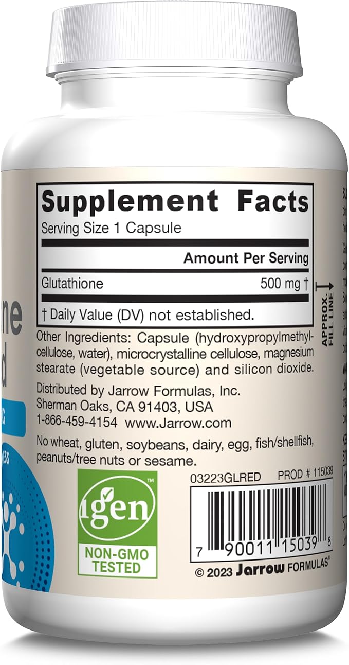 Jarrow Formulas Glutathione Reduced 500 mg - 60 Veggie Capsules - Intracellular Antioxidant - Quality Glutathione Supplements - Supports Recycling of Vitamins C &amp E - Non-GMO - Gluten Free - Vegan