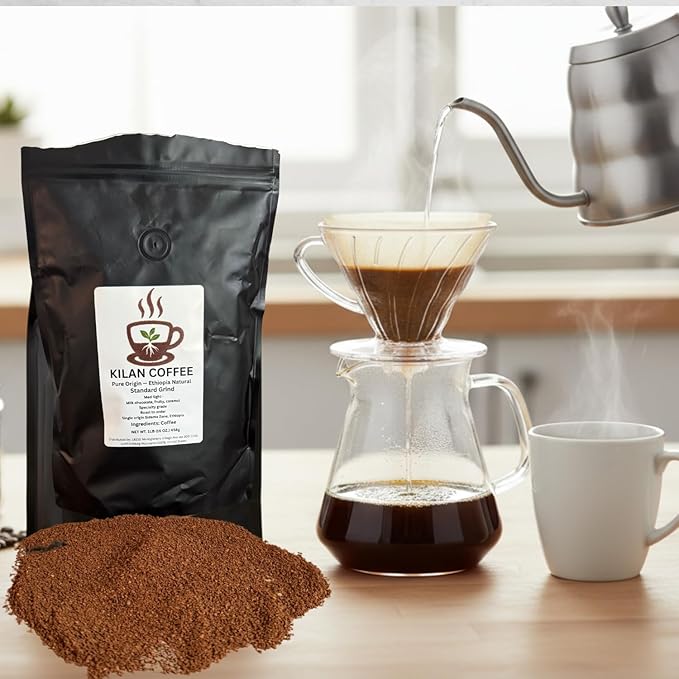 Fresh Roasted Ground Coffee Ethiopian Sidamo Natural Single Origin Coffee – Natural Process Medium Light Roast Specialty Arabica – Kilan Coffee 16 ozGround
