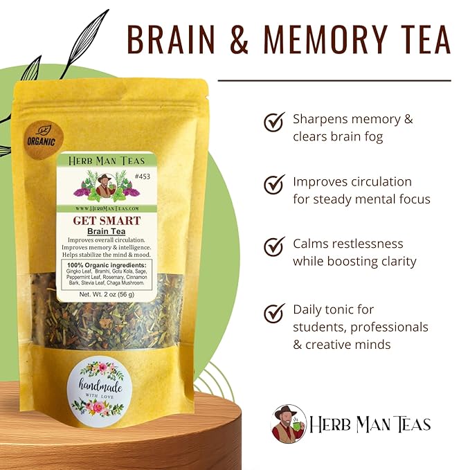 BRAIN &amp MEMORY TEA – Focus Memory &amp Mental Clarity Support – Organic Loose Leaf – by Master Herbalist Khabir | Ginkgo Leaf Brahmi &amp Gotu Kola