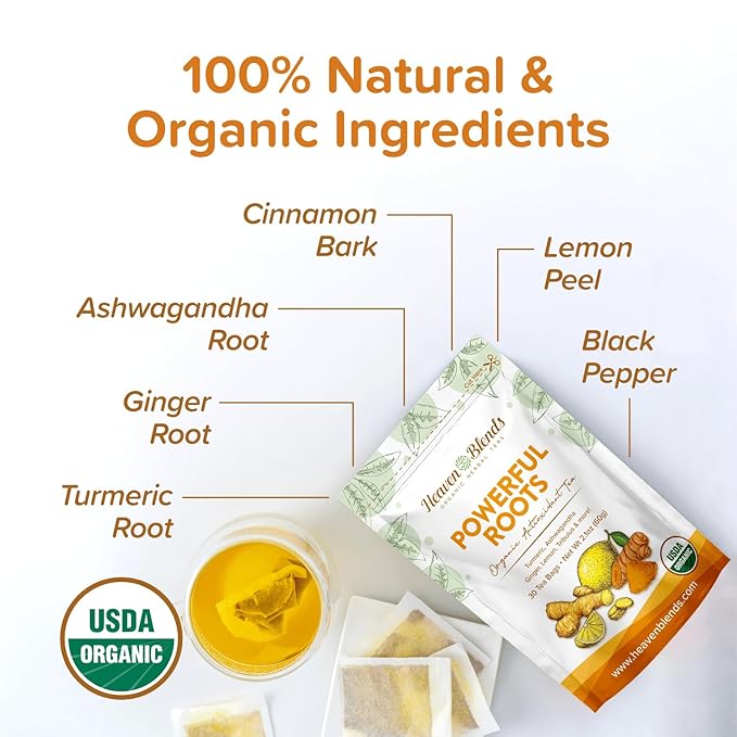 Heaven Blends Powerful Roots Organic Herbal Tea – Antioxidant Blend with Turmeric Ginger Ashwagandha Cinnamon Black Pepper &amp Tribulus Fruit – 30 Caffeine-Free Tea Bags – USDA Organic